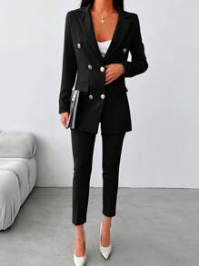 EURMUSE Women's Solid Color Double-Breasted Blazer & Straight Leg Pants 2-Piece Suit - Black - View 5
