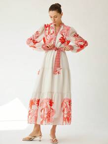 Aveloria Modichic Luxury Design Vintage Print Cinched Waist Slim Fit Long Sleeve Women's Long Dress - Multicolor - View 3
