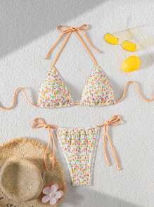 SHEIN Swim 2pcs Women Multi-Needle Fabric String Halter Elegant Bikini Set Swimwear For Summer Beach Vacation - Multicolor - View 3