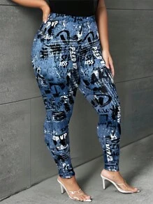 SHEIN SXY Plus Size Women's Sexy Mid-Rise Denim Effect Print Colorful Knitted Leggings,Suitable For Street, Casual, Sexy, Daily Travel, Shopping, Dating, Cool,Comfortable To Wear,Easy To Match&Looks Slim,Accent Your Body,Flatter The Figure
