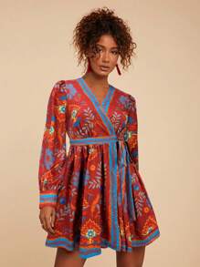 Travachic Floral Print Long Sleeve Graphic Shirt Dress For Women, Dress - Red - View 4