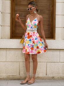 SHEIN VCAY Vestido de tirantes finos con estampado floral, minimalista y parches, perfecto para vacaciones, salidas de verano y fiestas. - Multicolor - Ver 6