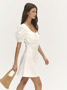 SHEIN Unity Puff Sleeves A-Shape Mini Dress 
Perfect For Casual Spring Summer Outings! - Beige - View 4