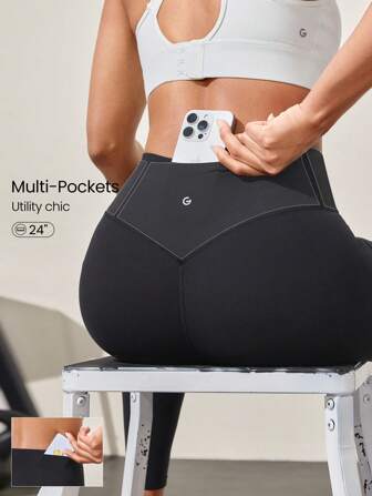 GLOWMODE Leggings de 24 pulgadas con control de barriga FeatherFit™, elevación de glúteos, bolsillos múltiples, de impacto medio, para entrenamiento, trotar, gimnasio