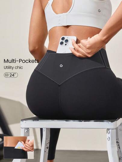 GLOWMODE Leggings de 24 pulgadas con control de barriga FeatherFit™, elevación de glúteos, bolsillos múltiples, de impacto medio, para entrenamiento, trotar, gimnasio