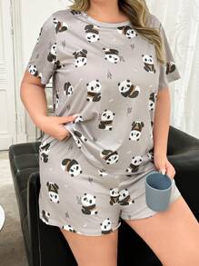 卡通熊猫印花圆领短袖短裤 2 件套睡衣套装，加大码