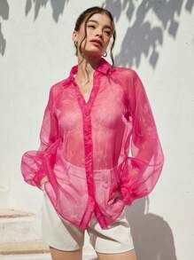 Chiquease Áo cánh tay bồng bằng vải organza mỏng gợi cảm cổ điển thanh lịch có eo thắt nơ, màu hồng - Màu Hồng Tươi - Xem 6