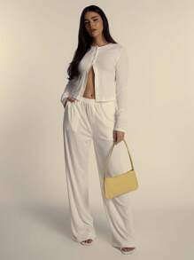 MUSERA Soft Ribbed Button Pocketed Wide Leg Trousers Only Summer Cute Chic Elegant - White - View 1