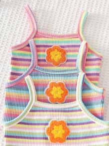 6 件/套女孩可爱服装 - 3D 花卉可爱彩虹条纹吊带背心和蝴蝶结短裤，弹性针织面料，非常适合春夏户外 - 彩色 - 查看 4