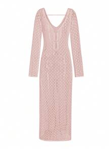 Breezaya Women Solid Color Long Sleeve Hollow Simple Long Sweater Dress - Baby Pink - View 4