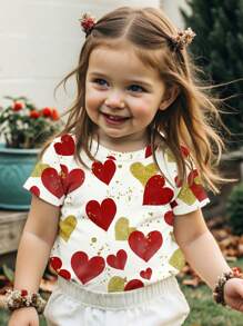 SHEIN Vintage Hand-Painted Heart Print, Young Girl Casual Simple Round Neck Short Sleeve T-Shirt, Suitable For Summer
