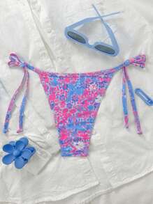 Swim Mod Women Summer Beachwear Random Floral Print Side Tie Ruffle Trim Bikini Bottom - Multicolor - View 2