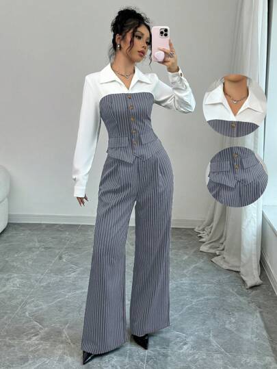 Elenzga 女士休闲 Polo 领条纹两件套服装，春秋季