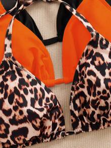 SHEIN Swim Curve 3 件套大码女士泳衣上衣，黑/白豹纹针织，可调节细肩带，简约休闲，适合日常穿着 - 彩色 - 查看 3