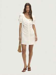 SHEIN Unity Puff Sleeves A-Shape Mini Dress 
Perfect For Casual Spring Summer Outings! - Beige - View 1