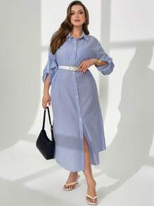 SHEIN Essnce Vestido azul y blanco de manga larga con mangas mixtas para mujeres de talla grande, para el estilo de negocios casuales, elegantes, de primavera, de vacaciones, de festival, de estilo old money, de moda casual para ir al trabajo