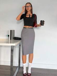 Siren Gaze Women's Solid Color Front Tie Square Neck Slim Short Sleeve T-Shirt, Fashionable Commuting Top, Supermodel Style Top, Black, Easter Outfit Women,Concert Outfit Women,Summer Clothes