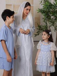 Al Najma 优雅唯美的女性 V 领连衣裙，提花面料，正面绣花带，阿拉伯风格长款女士连衣裙，端庄