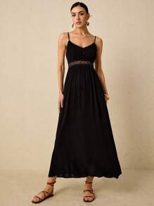 Poéselle Detail Waist And Lace Splicing Swing Cami Dress For Vacation