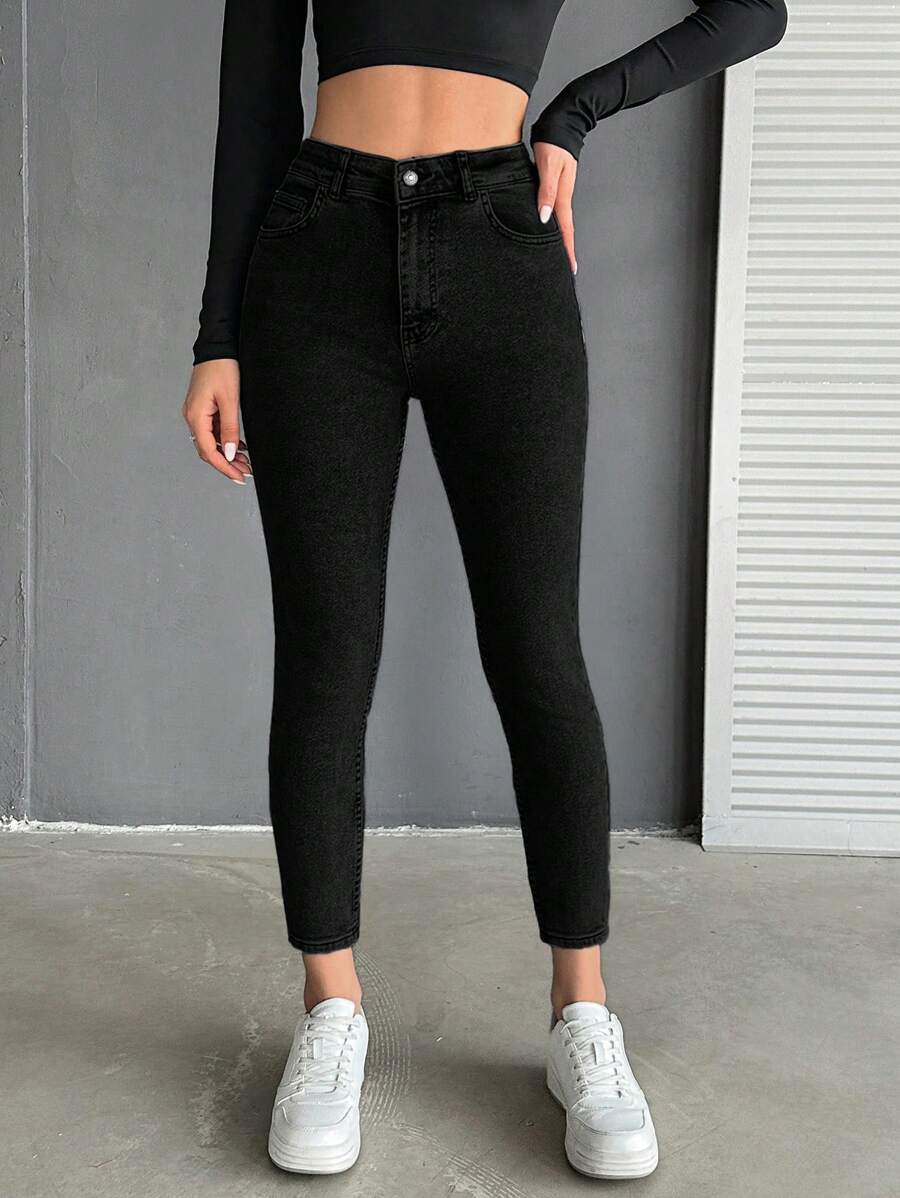 EURMUSE 98% Cotton High Waist Skinny Jeans, Casual And Fashionable For Daily Wear - Black - View 1