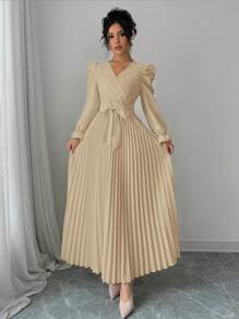 Calvaya Robe longue simple à col en V, manches bouffantes, plissée, de couleur unie, pour automne, tenue maxi pour femmes