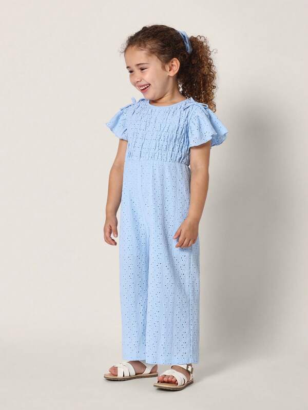 SUMWON Mädchen Jumpsuit mit Rüschenärmeln, Broderie Anglaise Lochstickerei, Sommeroverall in voller Länge, Sommerferien Party Lässig, leicht, den ganzen Tag lang tragbar, komfortabel und atmungsaktiv