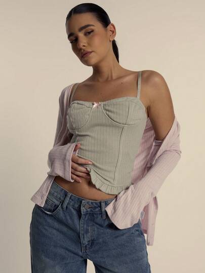 MUSERA Strappy Wired Corset Top Frill Trim Bow Detail Cup Cute Spring Casual Summer