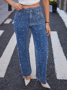 SHEIN Essnce Jeans décontractés pour femmes avec boutons avant et décoration de faux perles sur les poches - Jean bleu - Voir 5