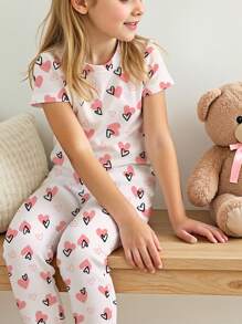 SHEIN Bộ đồ áo thun tay ngắn màu hồng họa tiết trái tim tối giản cho bé gái tuổi mới lớn và quần dài, đồ mặc ở nhà vừa vặn, mùa xuân/hè - Nhiều màu - Xem 4