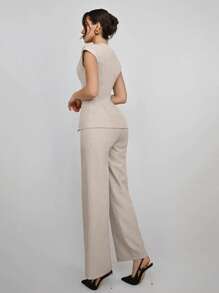 Aloruh Traje de negocios elegante de 2 piezas para mujer, estilo de negocios diario, estilo modesto de dinero antiguo, básico y simple, unicolor albaricoque, chaqueta de solapa única y pantalones, adecuado para primavera y verano, atuendo de 2 piezas, graduación, atuendo de maestro para mujer, regreso a la escuela en otoño/invierno