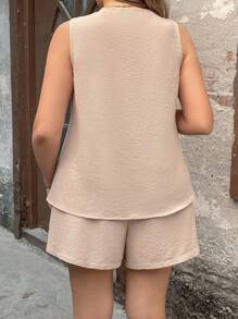 SHEIN LUNE Plus Size Women Textured Knit Short Sleeve Top And Matching Shorts Set