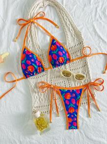 SHEIN Swim Ensembles de bikini pour femmes avec impression aléatoire, à liens au cou et au dos, et liens sur les côtés. Maillots de bain pour vacances à la plage