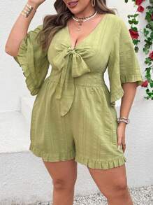 SHEIN Clasi Plus Size Women's V-Neck Twist Bowknot Flare Sleeve Textured Plaid Ruffled Short Jumpsuit - Green - View 3