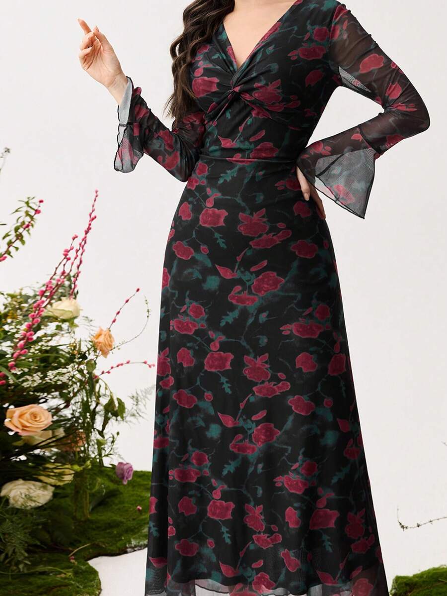 Modelyn 女士 V 领扭结长款修身喇叭袖紧身连衣裙，优雅风格，适合春夏季