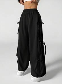 SHEIN PETITE Sweet And Lovely Pink Bow Detail Knot Tie Waist Sweatpants For Spring And Summer