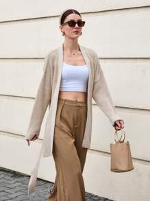 EURMUSE Women Oversize Asymmetric Shaped With Belt Detailed Rib Knitted Cardigan - Beige - View 5