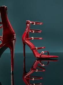 SHUZIA Stylish Sleek Burgundy Patent Leather Multi Buckle Strap Point Toe Hot Girl Summer Spring High Heel Shoe Wedding Shoes For Christmas - Burgundy - View 3