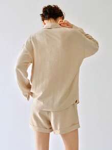 Uhlyne 女士休闲亚麻长袖翻领梭织衬衫 - 卡其色 - 查看 8