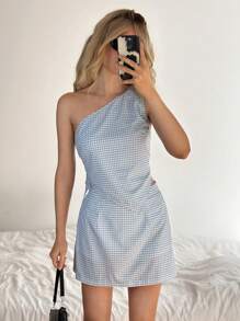 SHEIN EZwear Women Casual Plaid Asymmetric Collar Top And Mini Skirt 2 Pieces Set, Summer