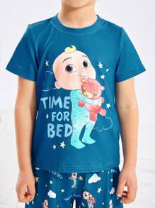 CoComelon X SHEIN Conjunto de ropa informal de 2 piezas para niño pequeño con camiseta de manga corta con estampado de oso de dibujos animados y estrella, y shorts de ajuste holgado color azul - Multicolor - Ver 5