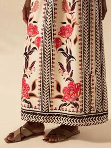 CAJUNI 女士节日波西米亚风热带花卉和杏色复古印花镂空宽松长袖长裙 - 彩色 - 查看 7