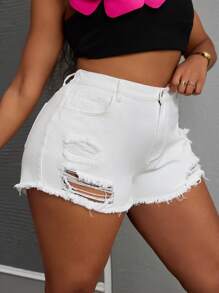 SHEIN SXY Plus Size Women Distressed Pockets Raw Hem Casual Denim Shorts