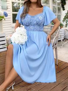 Flirla Robe longue élégante pour vacances/fêtes/mariage, style boho avec manches à volants, tissage jacquard, pour femmes grandes tailles, pour l'été - Bleu azur - Voir 1