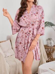 Women's Elegant Floral Belted Robe - Pink - View 4