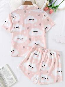 2pcs Tween Girl Cloud Pattern Allover Print Short Sleeve T-Shirt And Shorts Flame Retardant Homewear Set - Pink - View 2