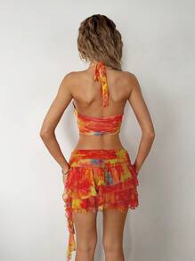 SHEIN ICON Spring Outfits For Women Y2K Style Sexy Spring Outfit - Halter Twist Cutout Top And Side Ruffle Cake Skirt Set Vacation - Multicolor - View 2