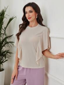 Seusyu Women's Solid Color Round Neck Short Sleeve Simple Casual Ribbed Ruffle Sleeve T-Shirt - Apricot - View 6