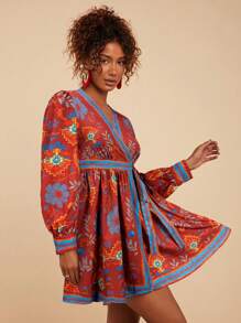 Travachic Floral Print Long Sleeve Graphic Shirt Dress For Women, Dress - Red - View 5
