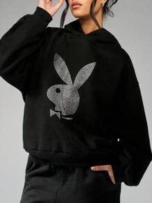 Missguided x Playboy Rhinestone Bunny Logo Oversized Hoodie Sweatshirt Designer Collaboration Streetwear Statement Piece Winter Fashion Premium Casual Wear - Black - View 3