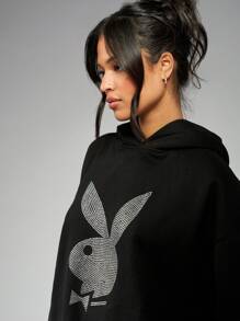 Missguided x Playboy Rhinestone Bunny Logo Oversized Hoodie Sweatshirt Designer Collaboration Streetwear Statement Piece Winter Fashion Premium Casual Wear - Black - View 5